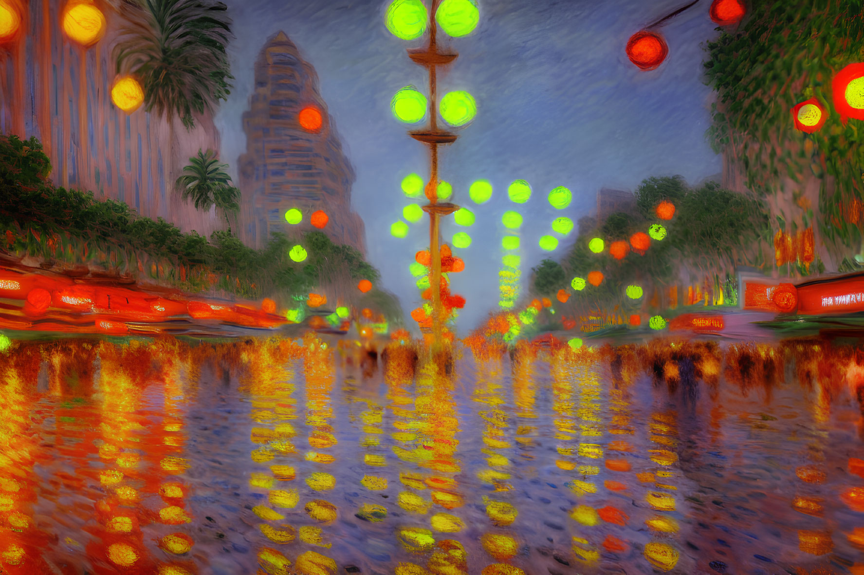 Impressionist-style city street painting at twilight with blurry light reflections.