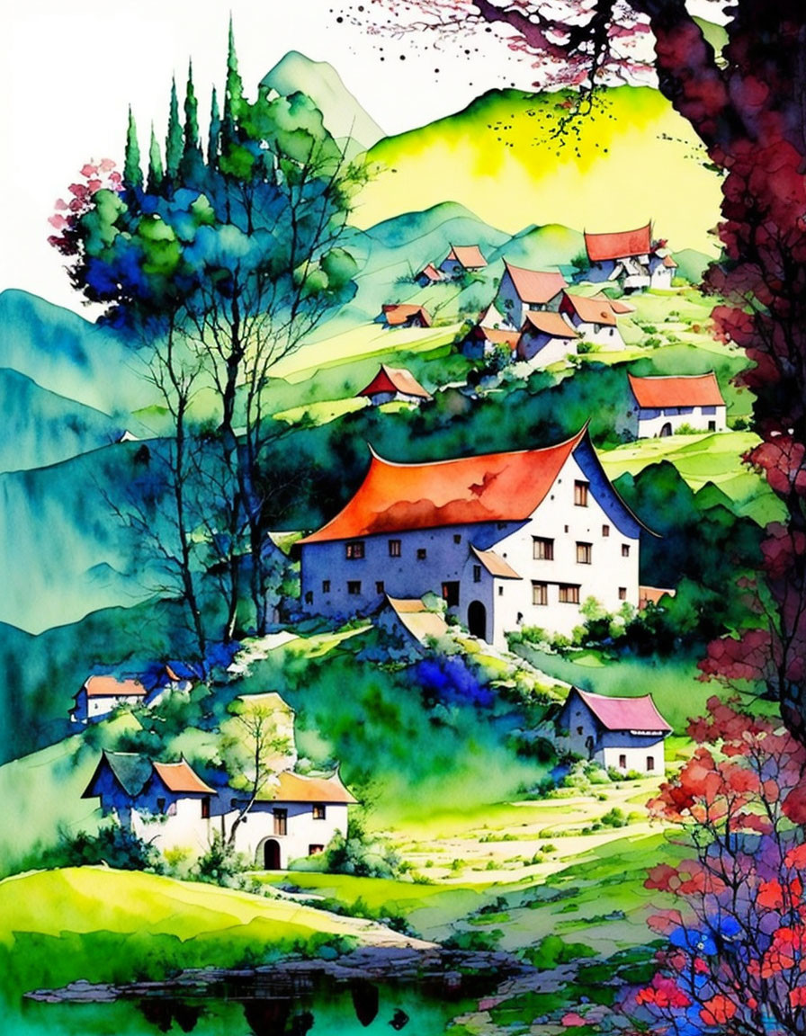 Colorful Watercolor Painting of Whimsical Village nestled in Green Hills