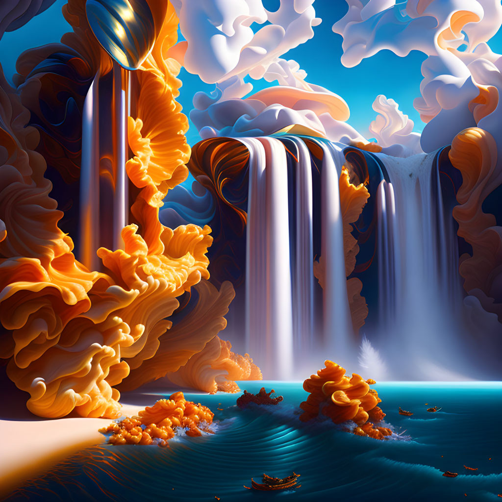 Surreal digital artwork: Orange and blue landscape with waterfalls and reflective spoon
