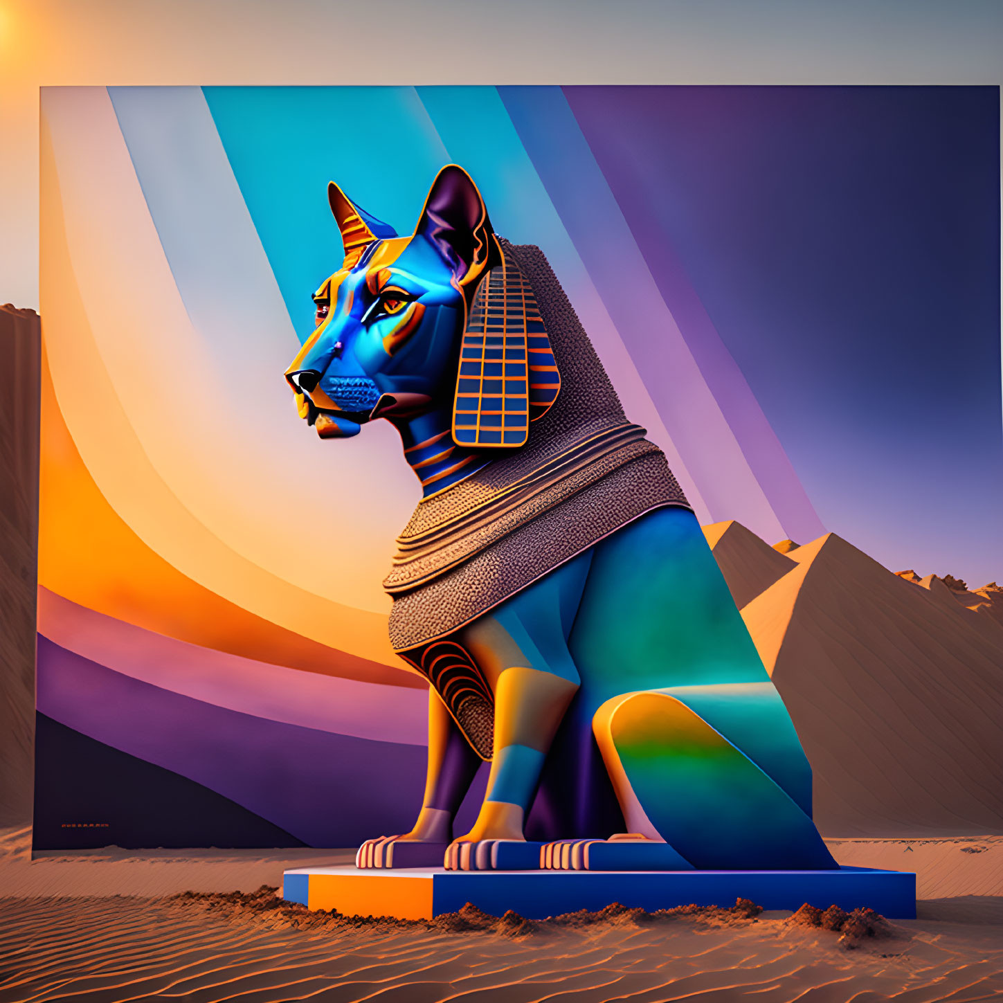 Vibrant blue and orange Great Sphinx digital artwork in desert setting