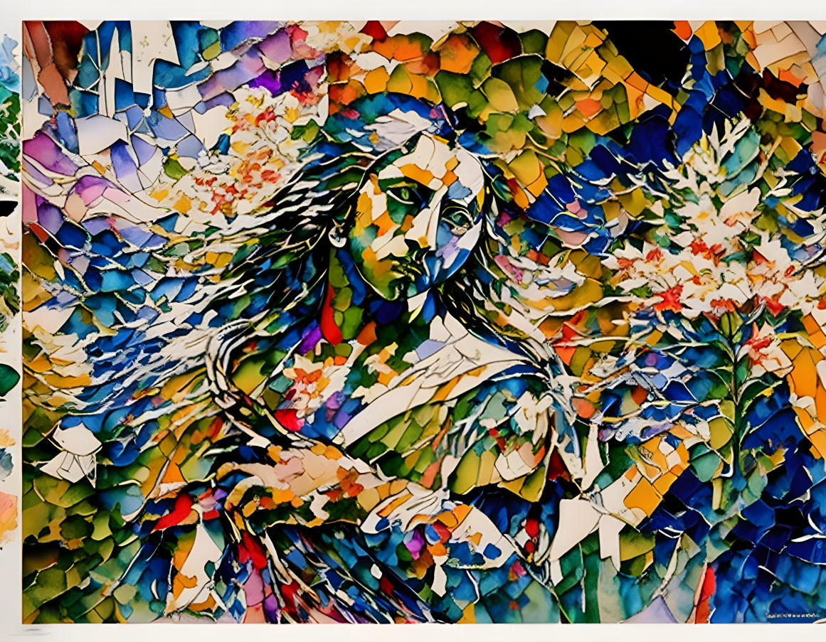 Colorful Abstract Painting: Woman with Flowing Hair and Vibrant Patterns