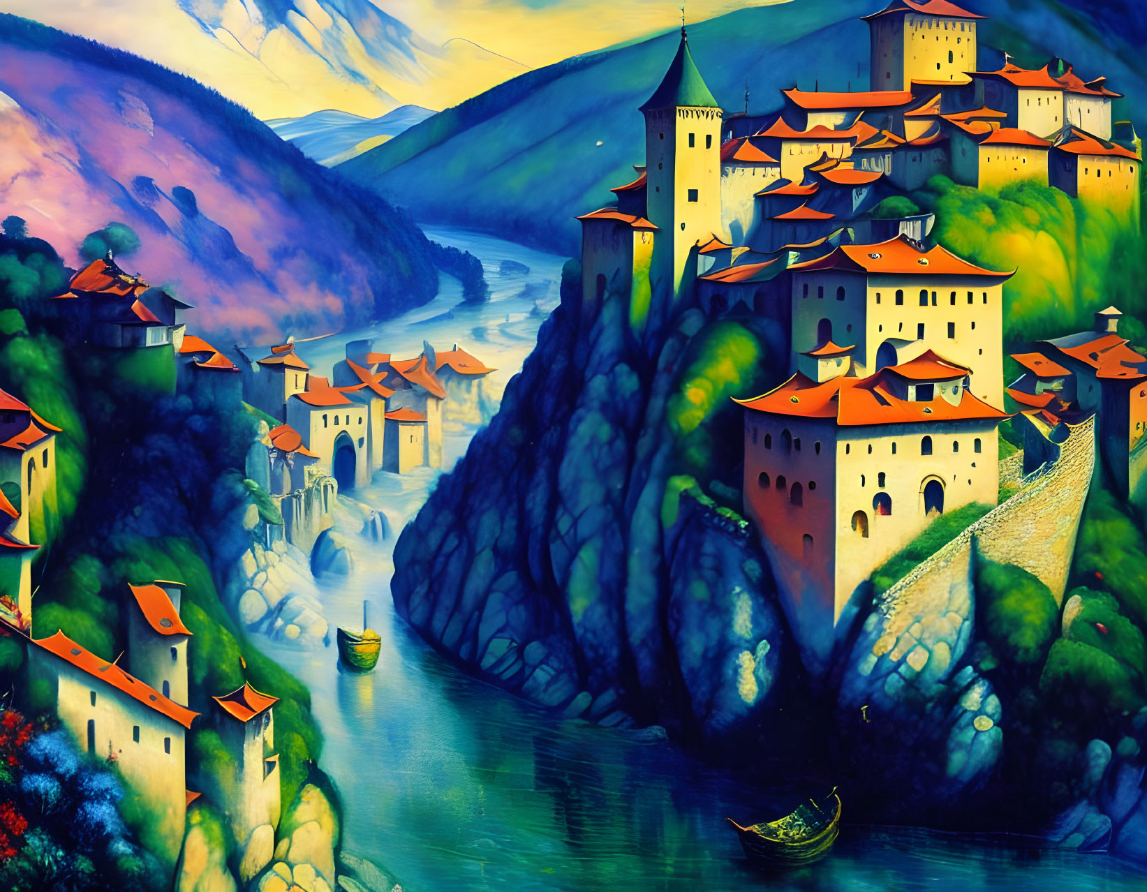 Fantasy illustration of vibrant castle town on cliffs by river