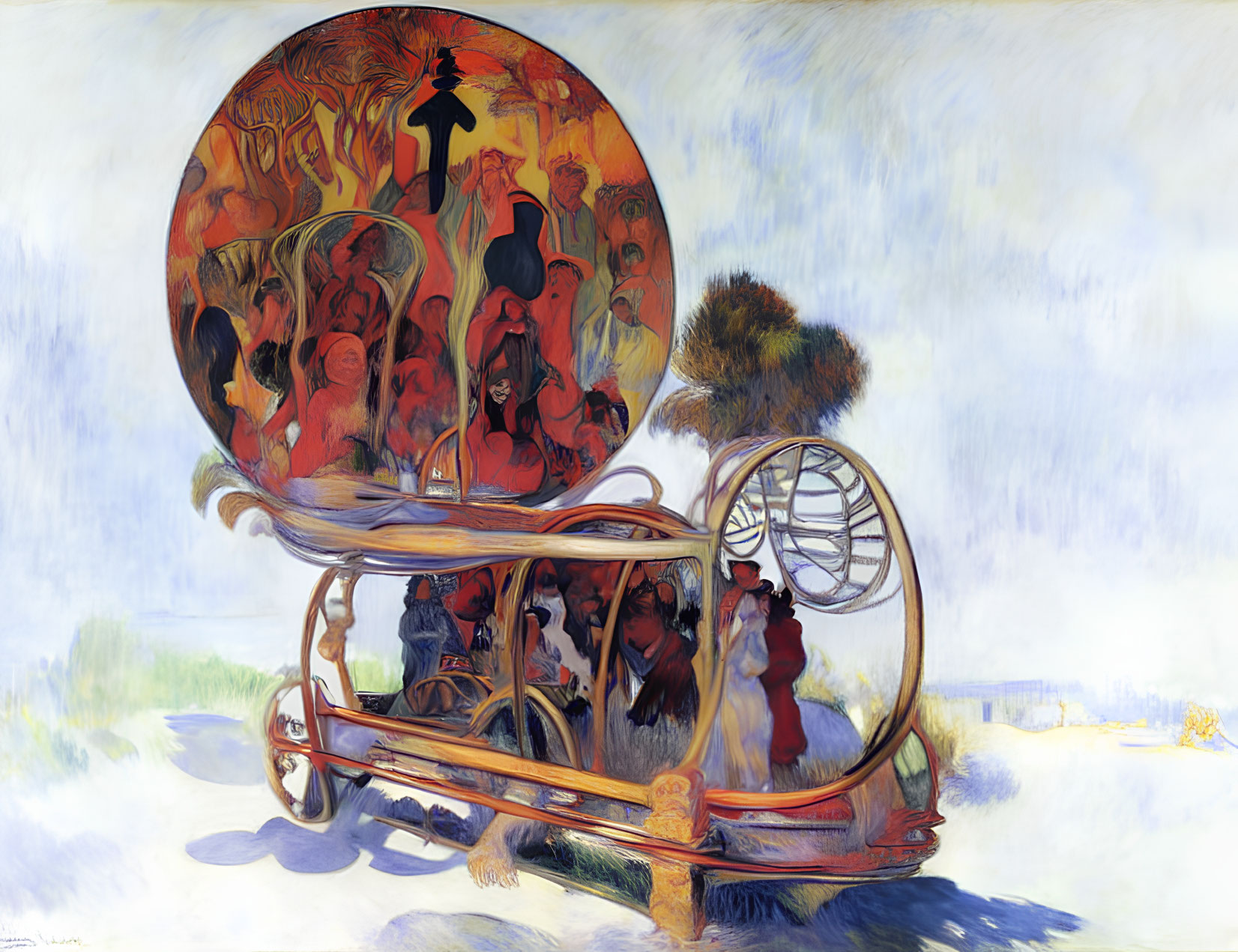 Colorful Fantastical Sleigh Painting with Orange Wheel & Whimsical Characters