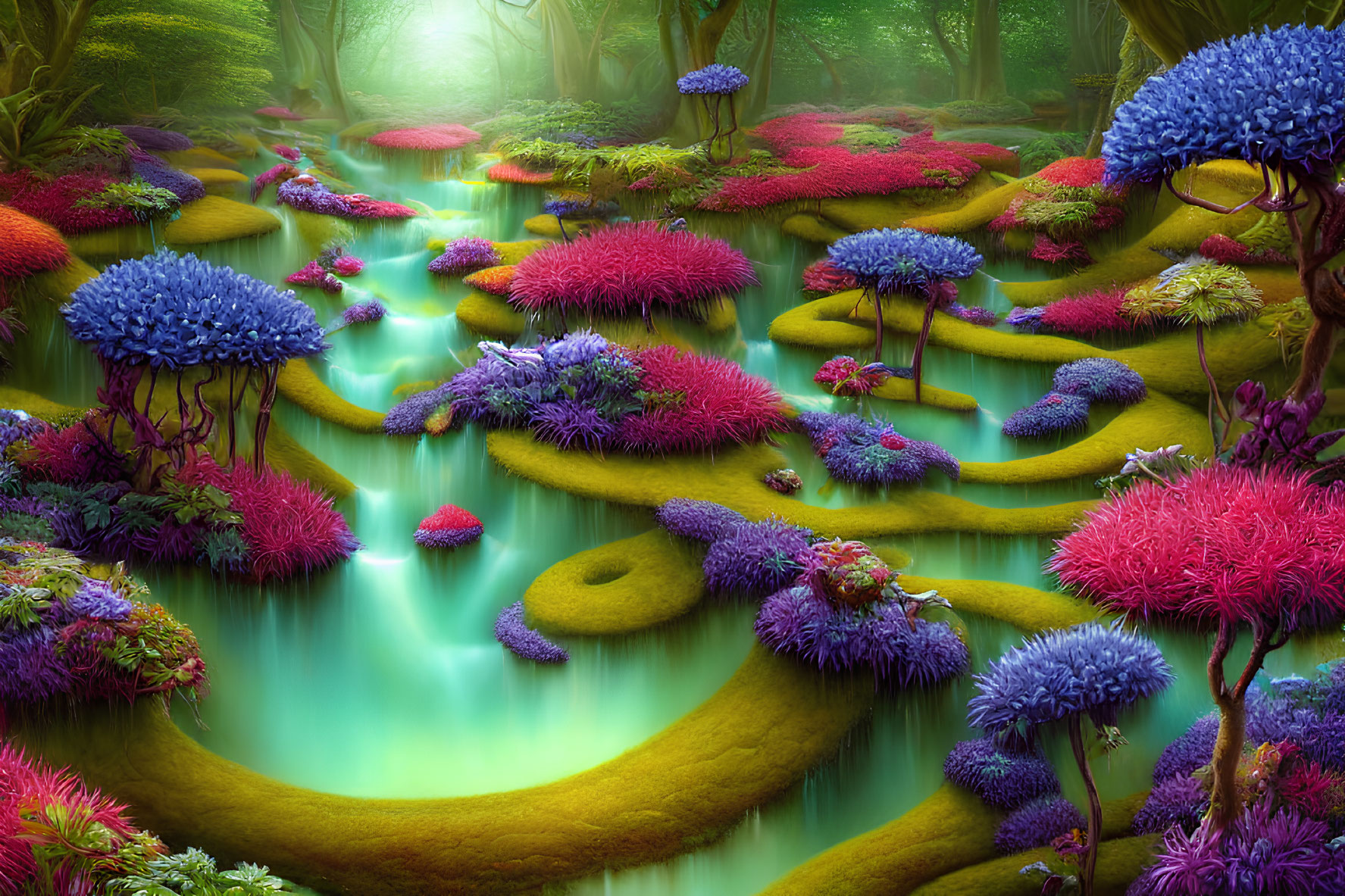 Vibrant mystical forest scene with colorful flora and neon-green rivers