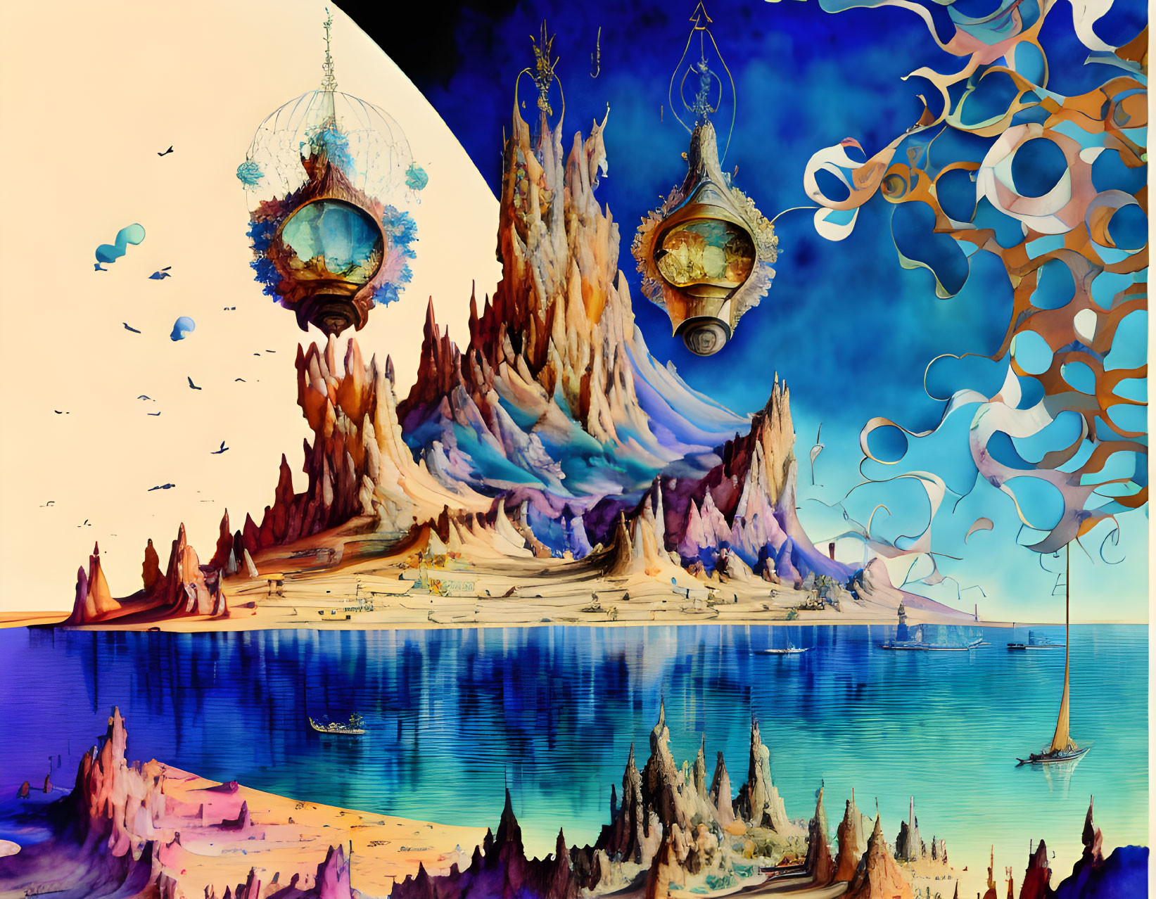Vibrant mountains, floating islands, and ornate structures above a reflective blue sea