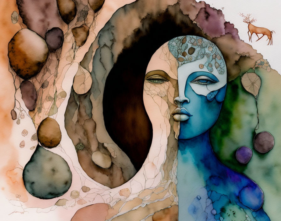 Abstract Blue Female Figure Surrounded by Earthy Tones and Deer Silhouette