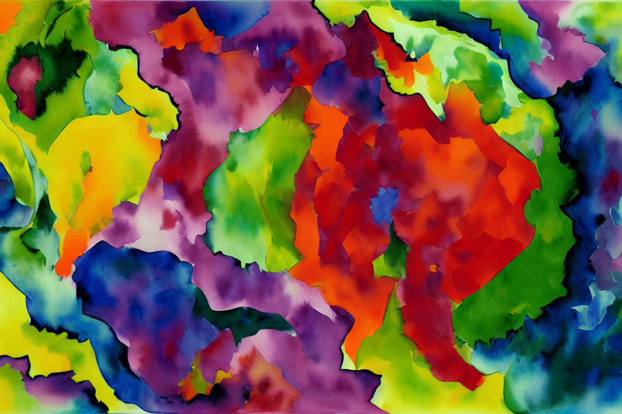 Colorful Abstract Watercolor Painting with Fluid Shapes in Red, Green, Blue, Yellow, and Purple