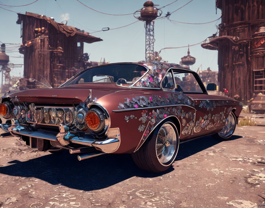Vintage car with intricate floral paint in urban industrial backdrop
