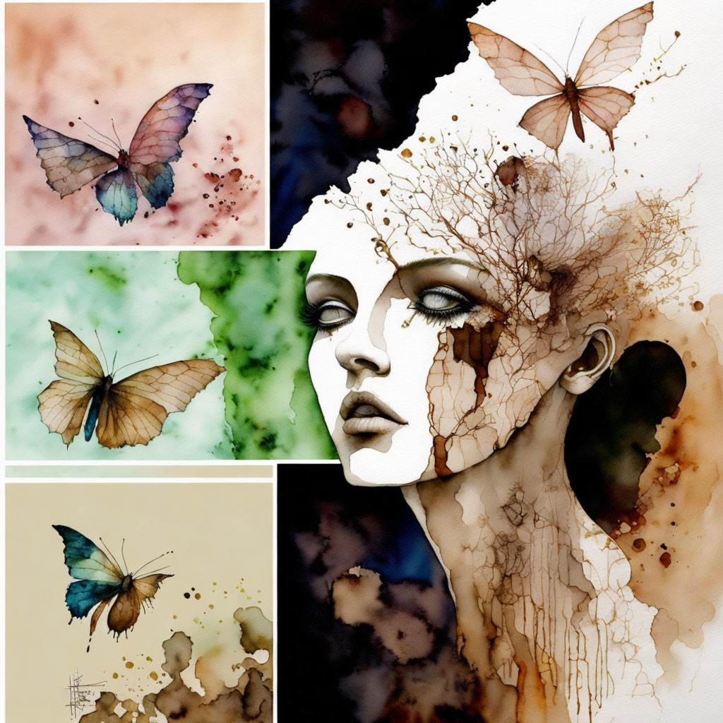 Surreal watercolor portrait collage with cracked features, branches, butterflies, and abstract splashes