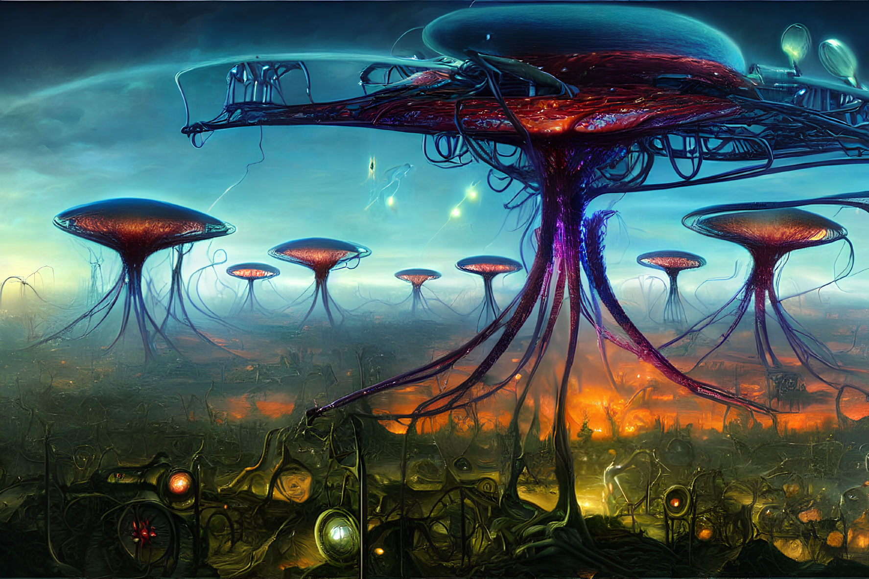 Bioluminescent mushroom structures in futuristic cityscape