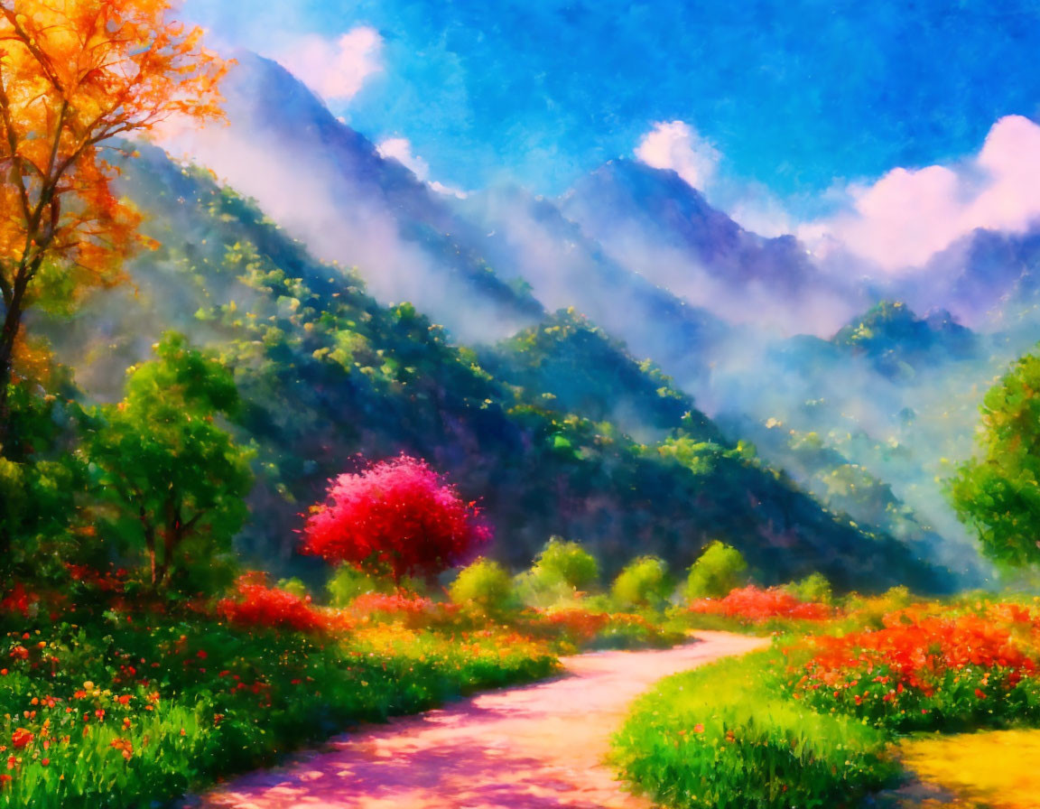 Colorful landscape painting with winding path, blooming trees, and misty mountains under soft blue sky