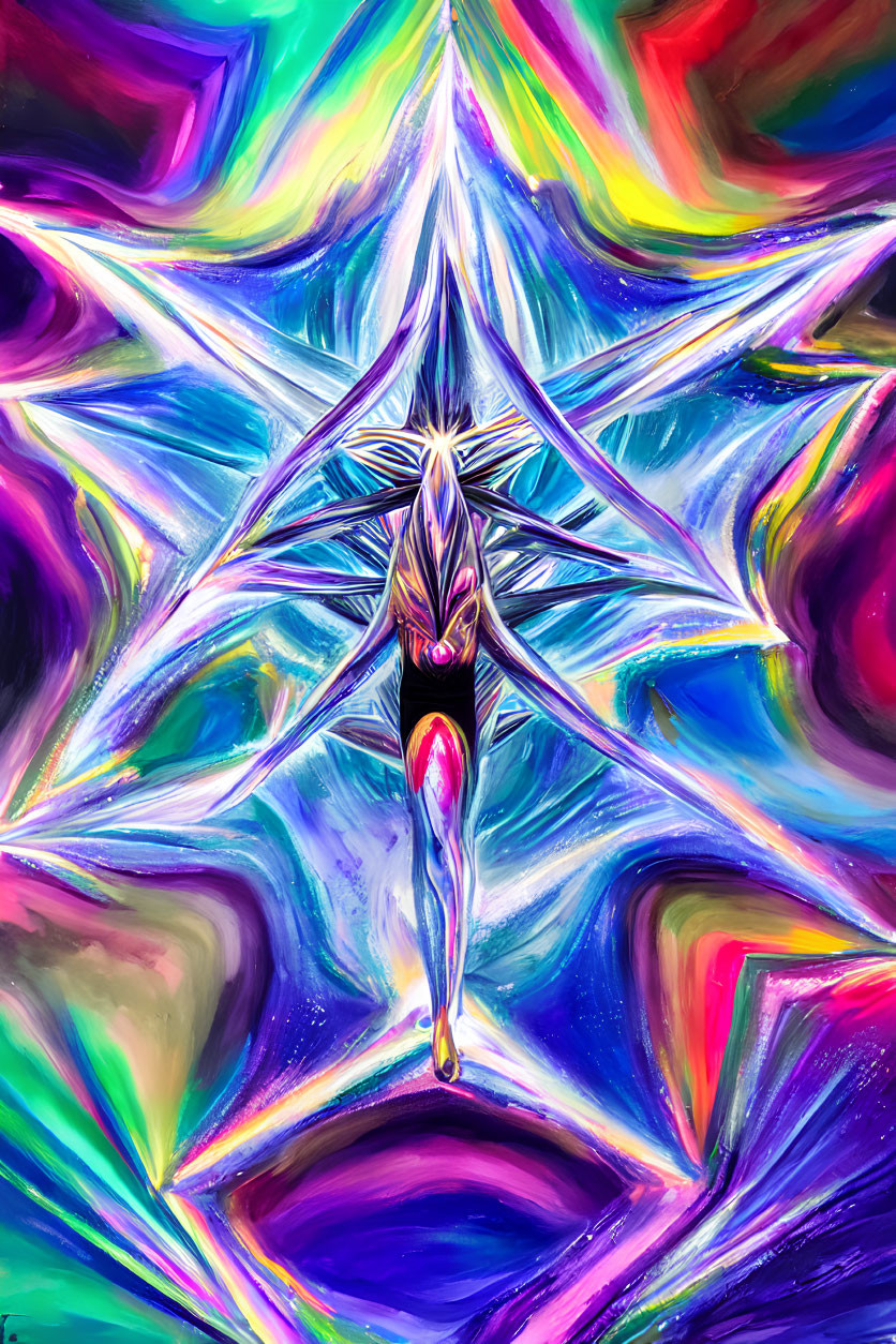 Colorful Abstract Painting: Central Figure Diving Through Star-like Formation in Blue, Pink, and Purple