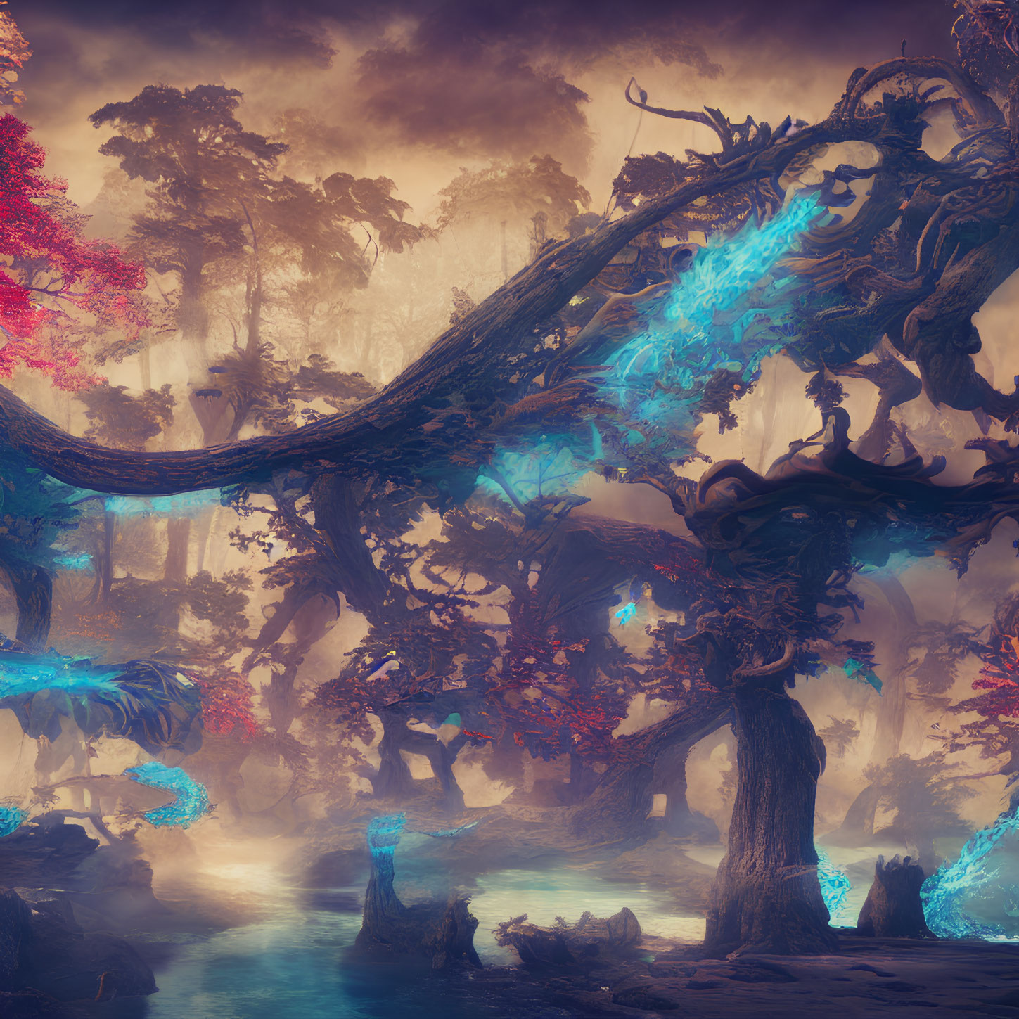 Mystical forest with bioluminescent blue flora and twisted trees