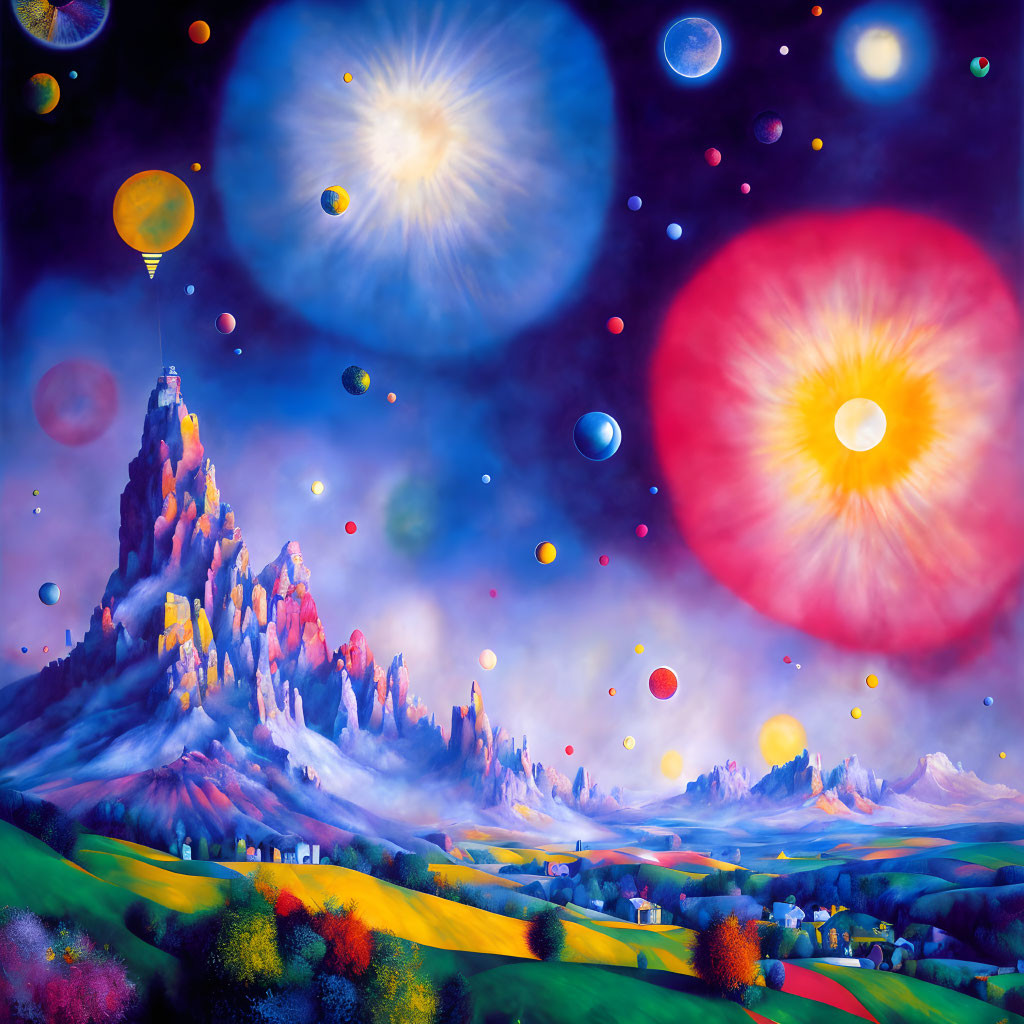 Colorful Mountain Landscape with Hot Air Balloon and Glowing Orbs
