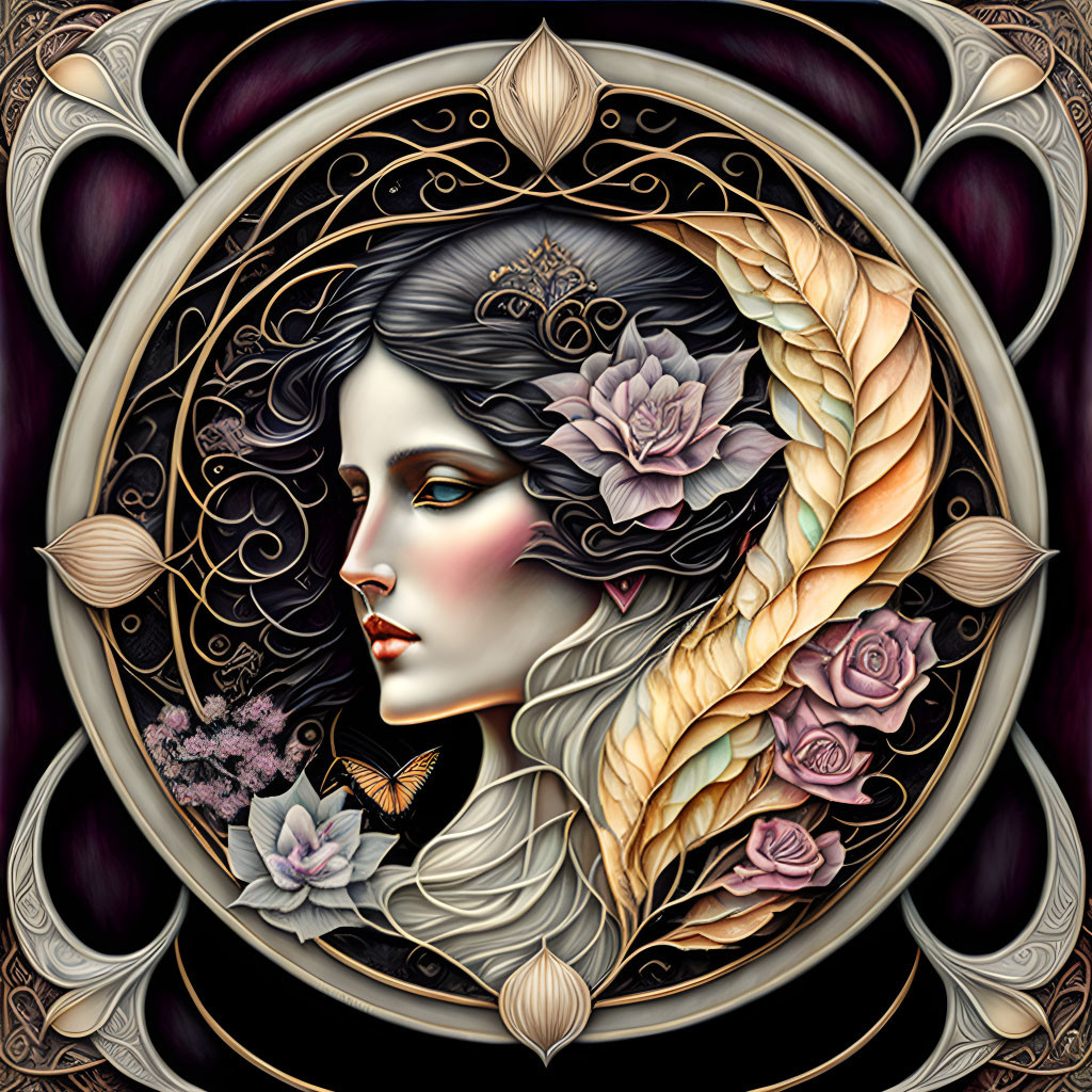 Stylized portrait of a woman with floral motifs and butterfly in circular frame