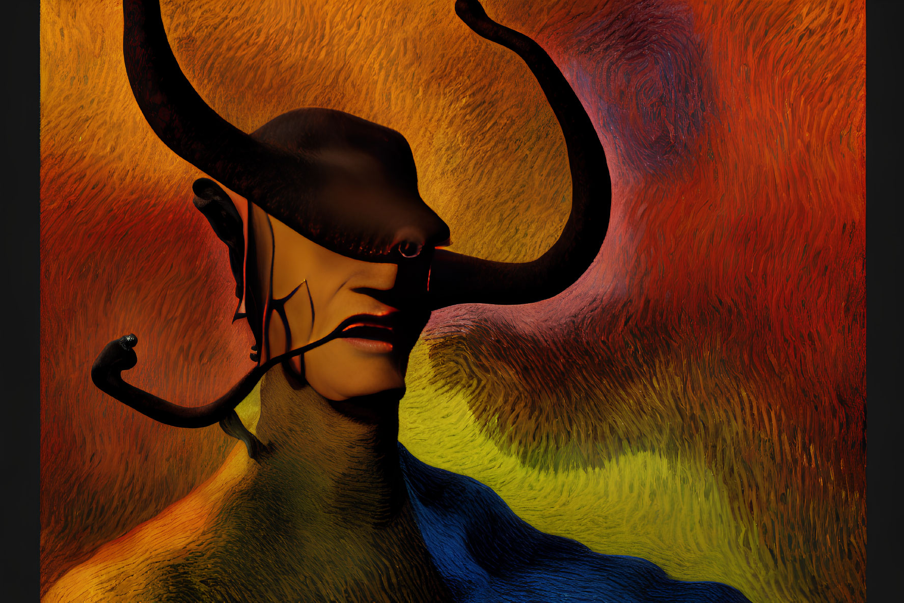 Person with Bull-Like Horns in Colorful Abstract Background