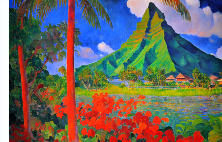 Colorful Tropical Landscape with Green Mountains and Palm Trees