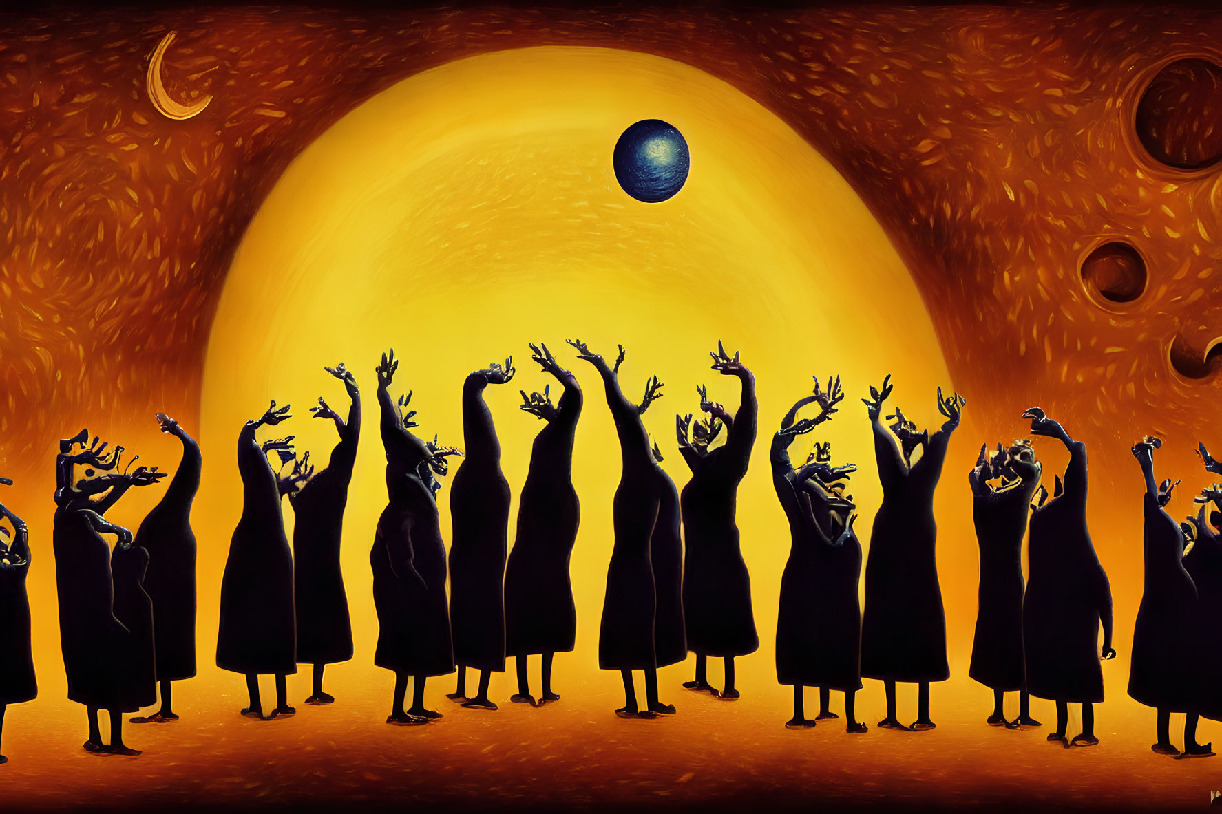 Surreal painting: robed figures, moon, celestial bodies in golden sky