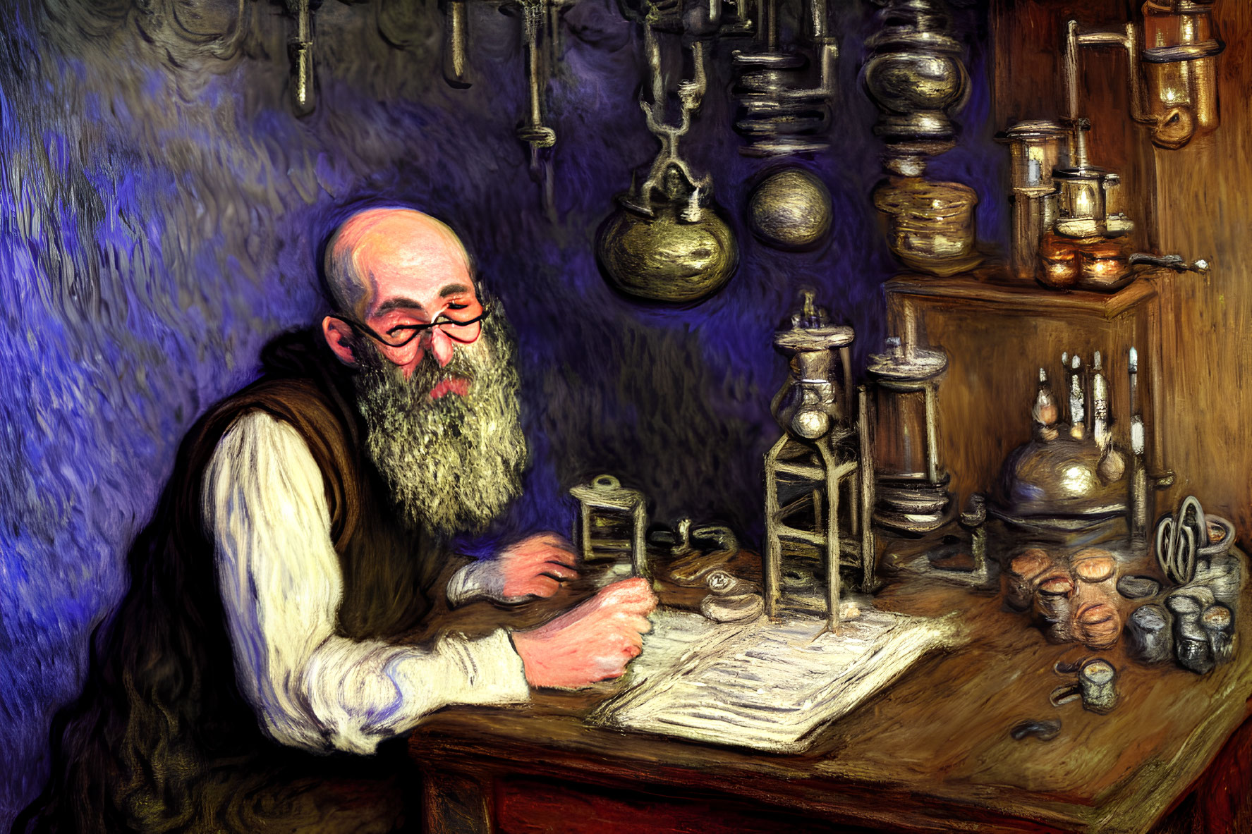 Elderly bearded man writing notes at wooden table with scientific equipment