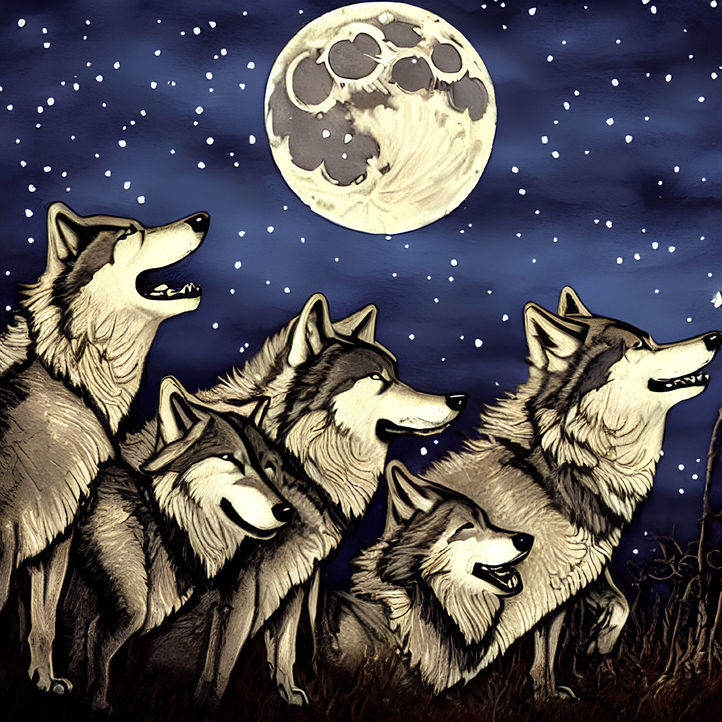 Pack of wolves howling under full moon in starry night sky