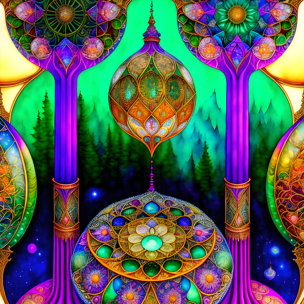 Symmetrical ornate digital artwork with nature backdrop and fantasy fractal geometry.