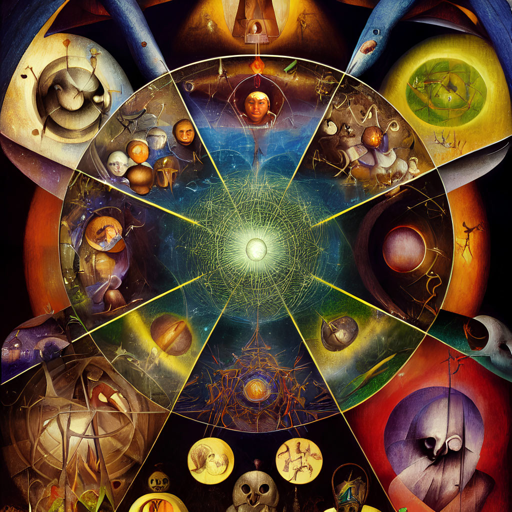 Detailed surrealistic cosmological diagram with human figures and celestial bodies.