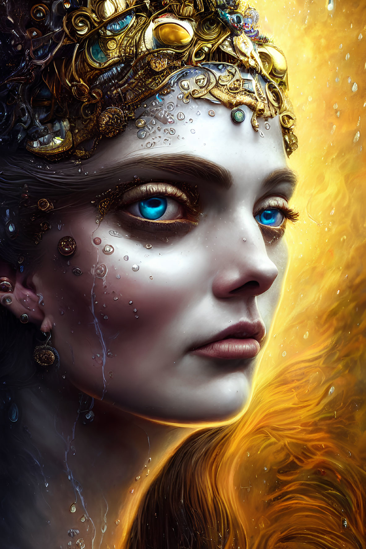 Portrait of Woman with Vibrant Blue Eyes and Ornate Golden Headpiece in Fiery Setting