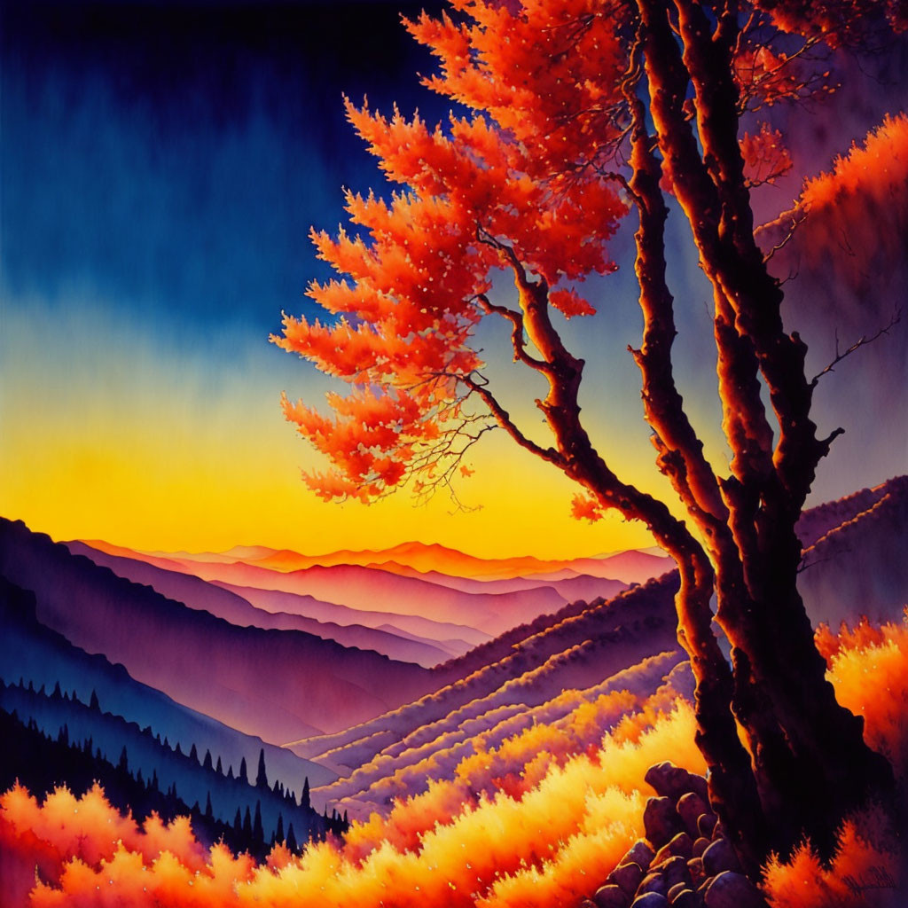 Colorful painting of fiery orange tree against blue and purple mountains under sunset sky