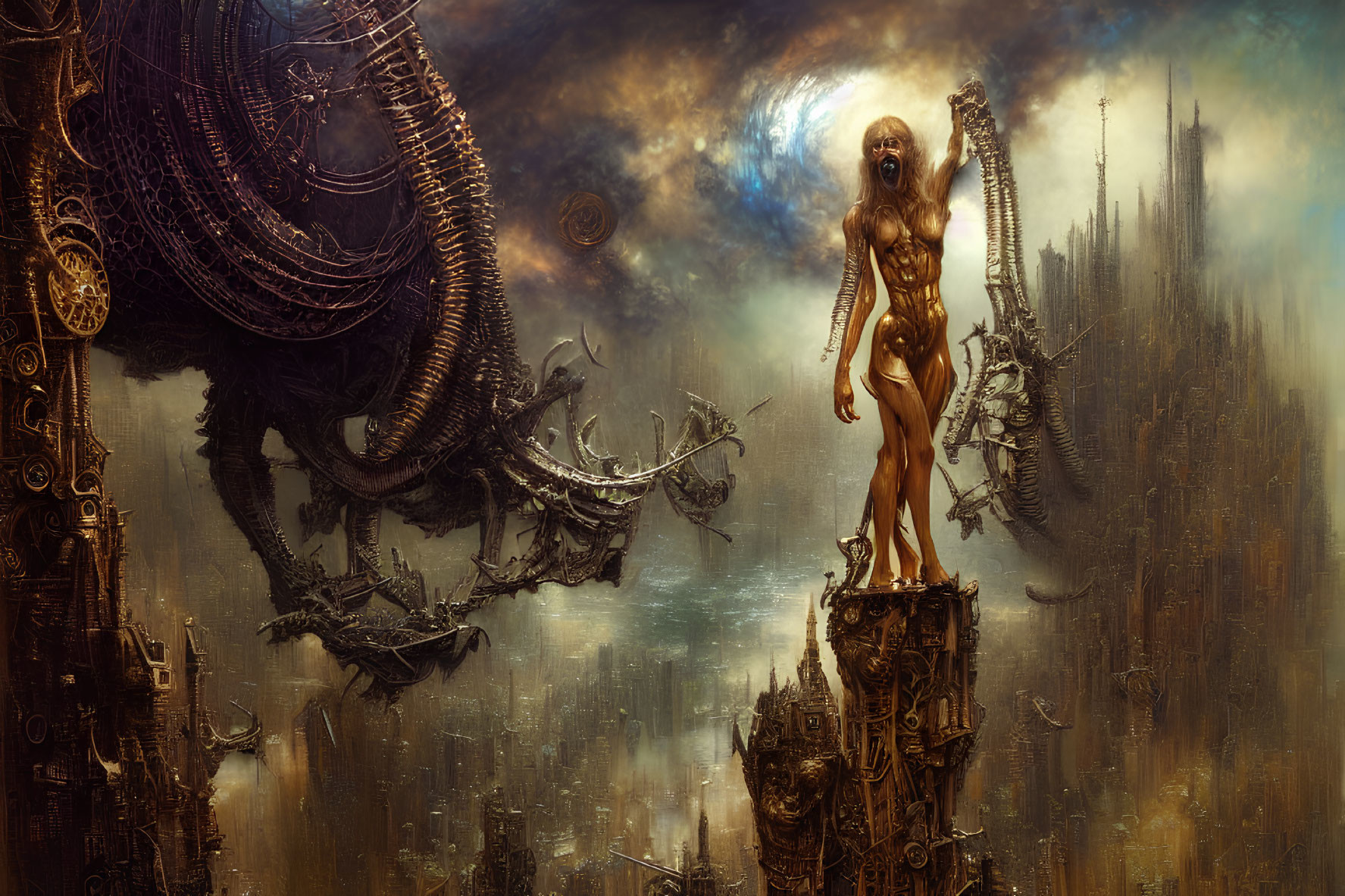 Surreal apocalyptic landscape with humanoid figure and cosmic ruins
