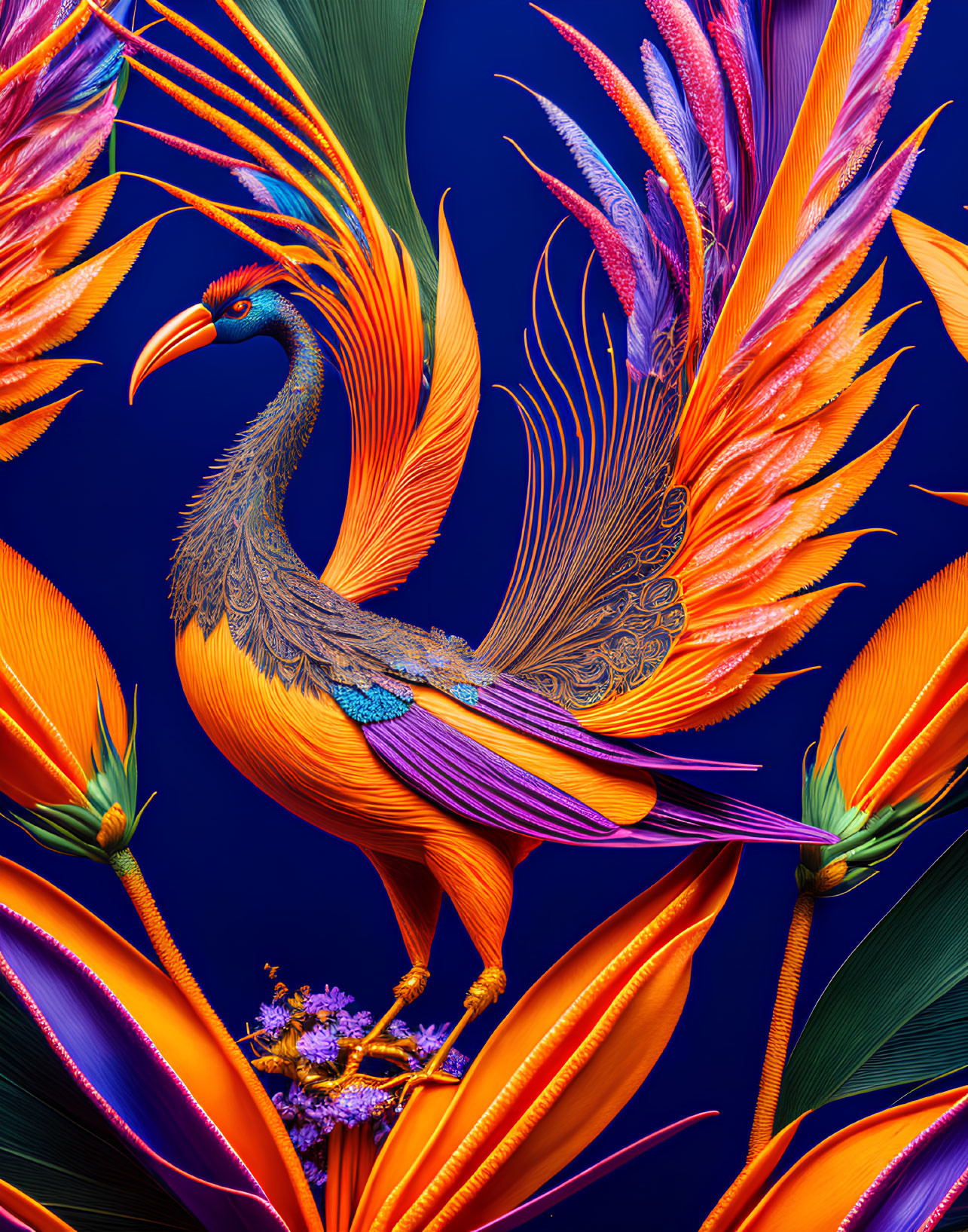 Colorful ornate bird digital art with detailed feathers on blue background