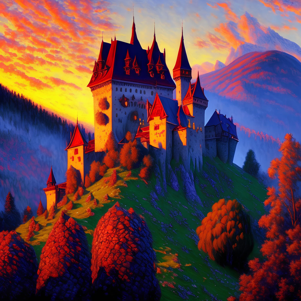 Castle on Hill at Sunset with Autumn Foliage