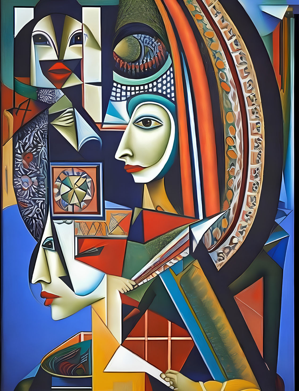 Cubist painting with geometric shapes and overlapping faces
