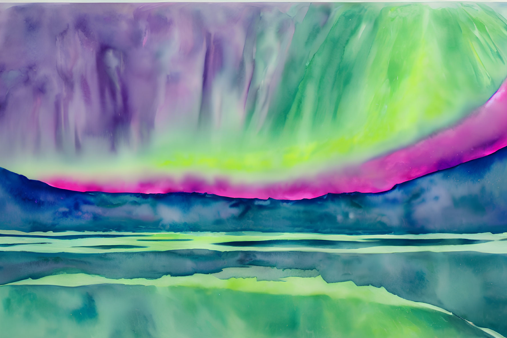 Multicolored Abstract Painting with Flowing Patterns of Purple, Green, Pink, and Blue