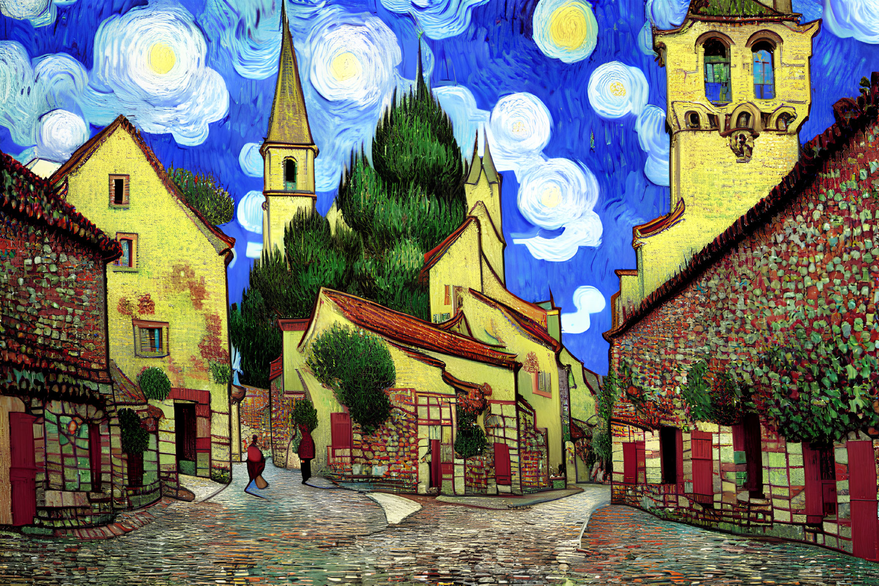 Vibrant starry night scene of a quaint village with swirl-patterned sky, cobbled streets