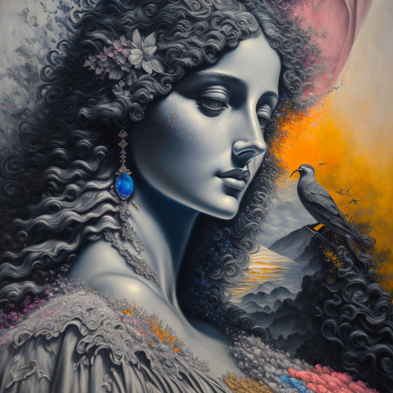 Detailed surreal portrait of woman with curly hair and bird in nature-themed landscape.