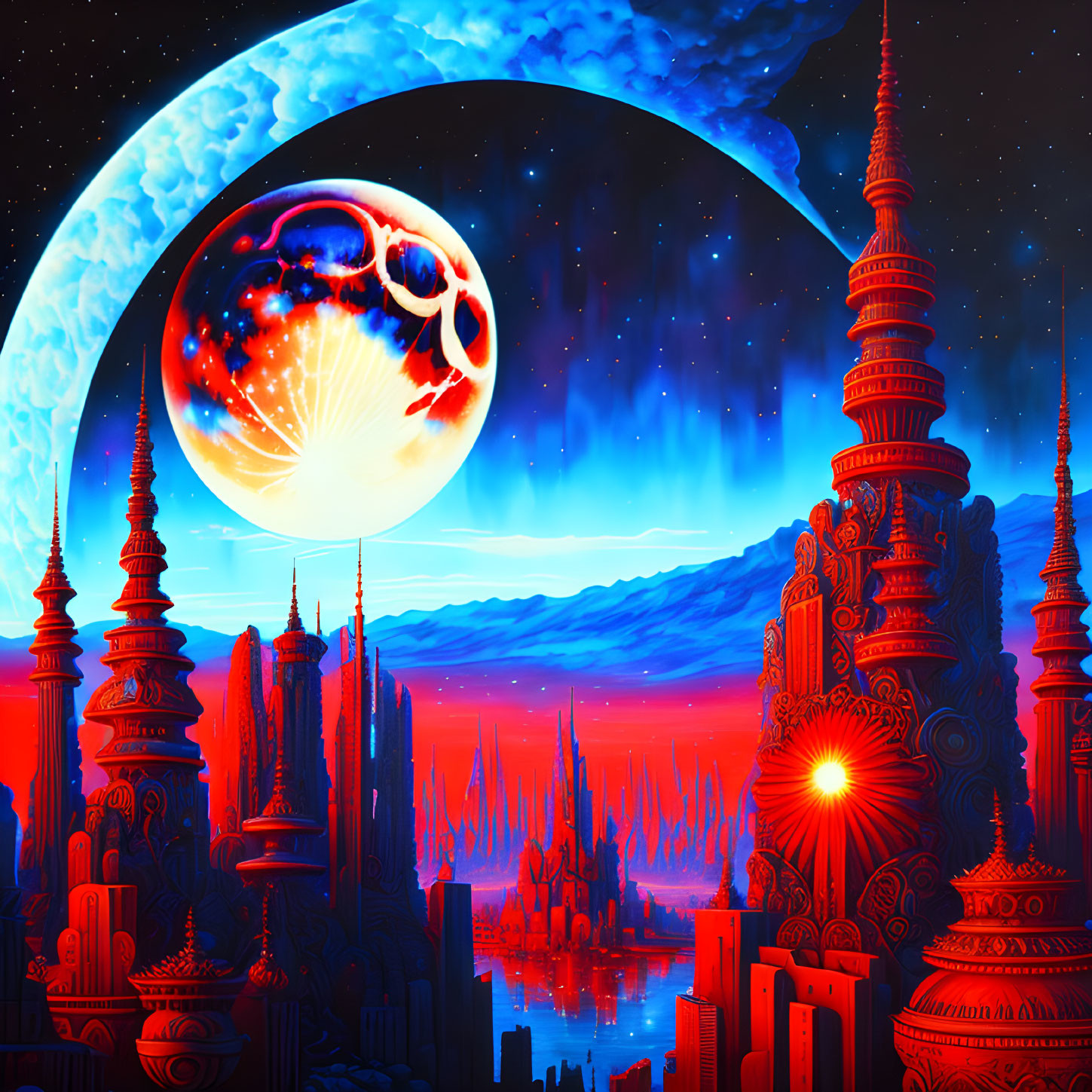 Futuristic sci-fi cityscape with towering spires under a large moon