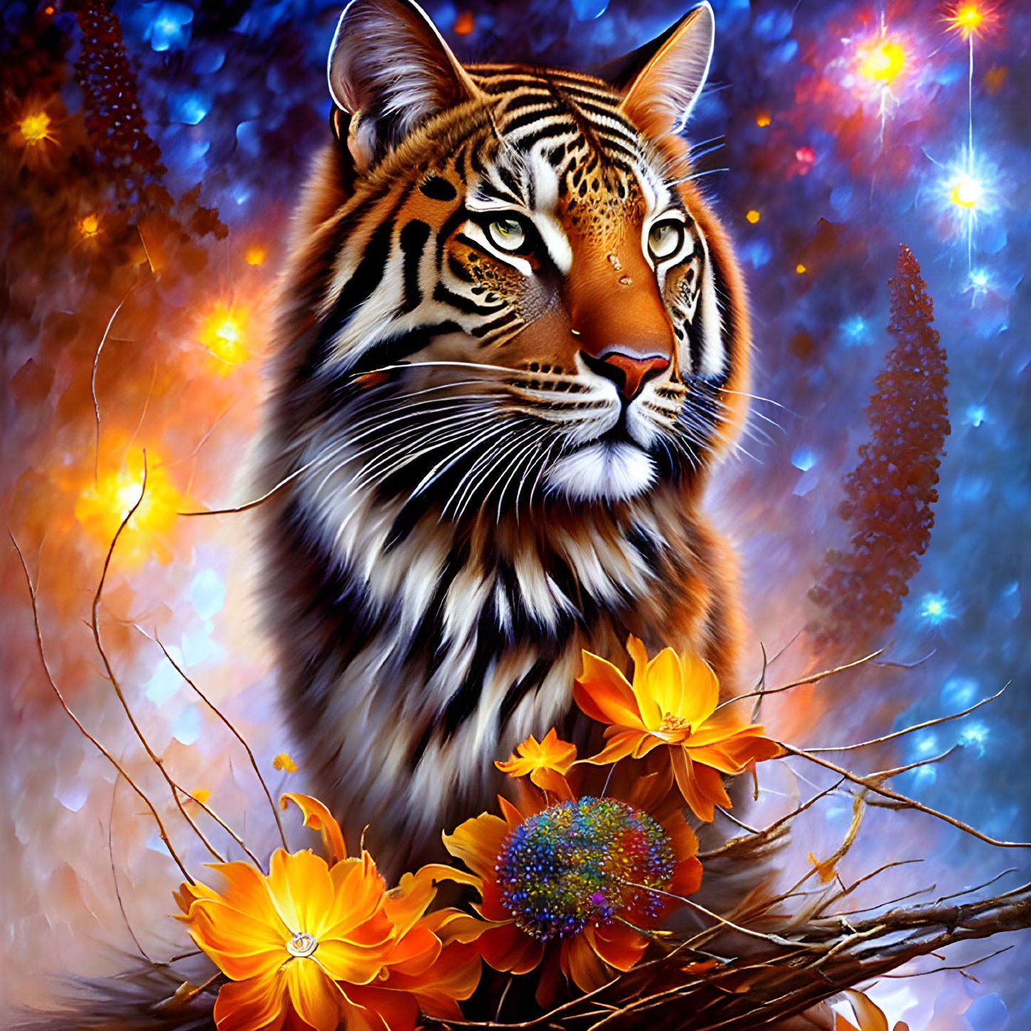 Detailed Tiger Illustration Surrounded by Flowers on Mystical Blue Background
