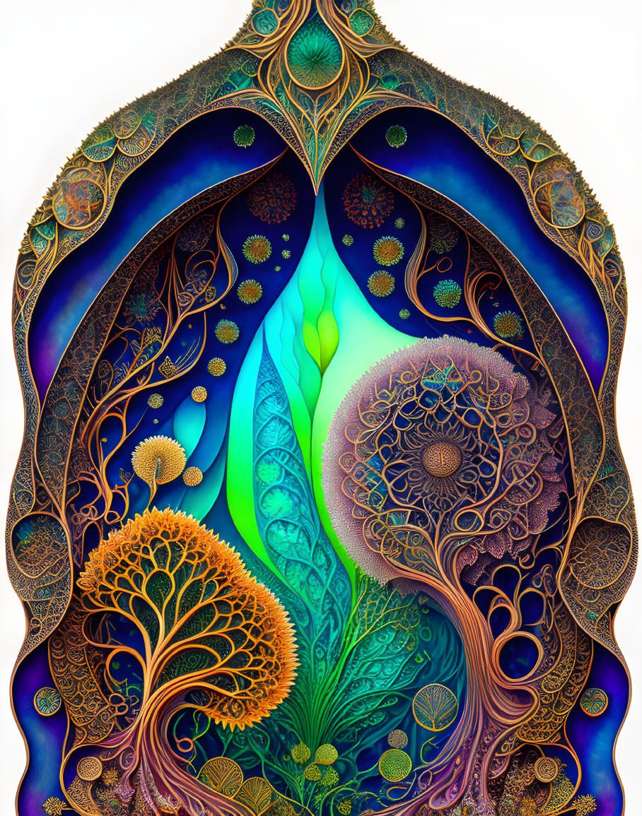 Symmetrical fractal art with tree-like patterns and ornamental borders