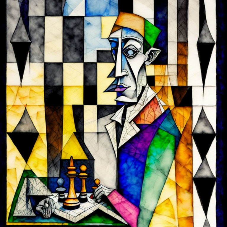 Vivid Cubist Artwork of Figure Playing Chess