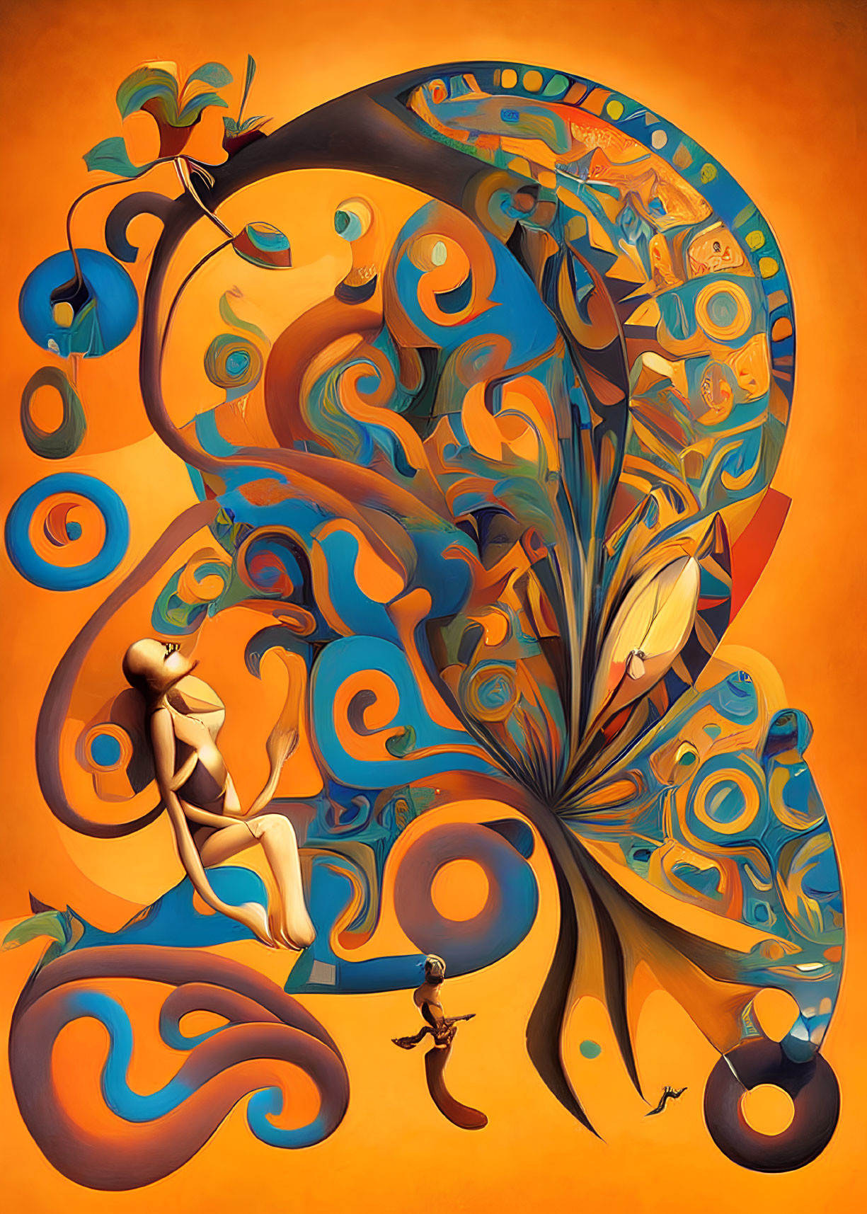 Colorful surreal painting with humanoid figure and whimsical vortex.