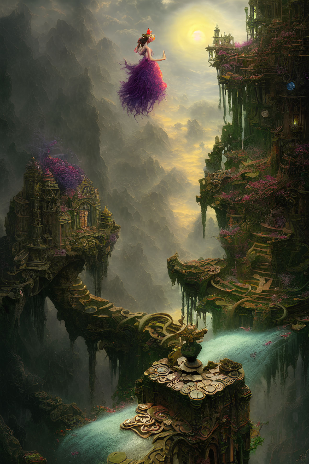 Fantastical landscape with ancient cliffside temples and floating landmass.