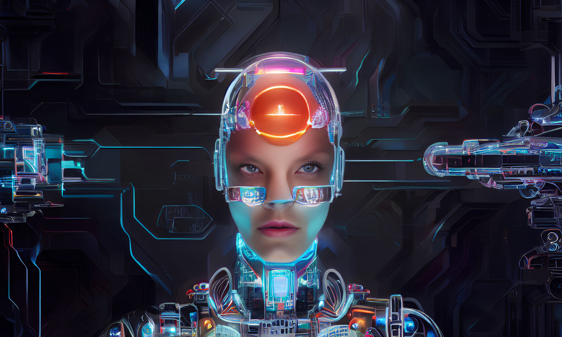 Futuristic cybernetic being with illuminated headgear and glasses in technological setting