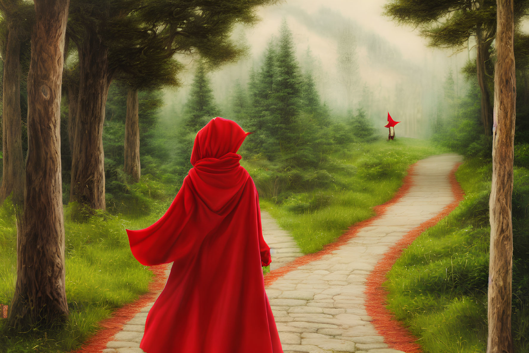 Two figures in red cloaks at forest fork under misty sky
