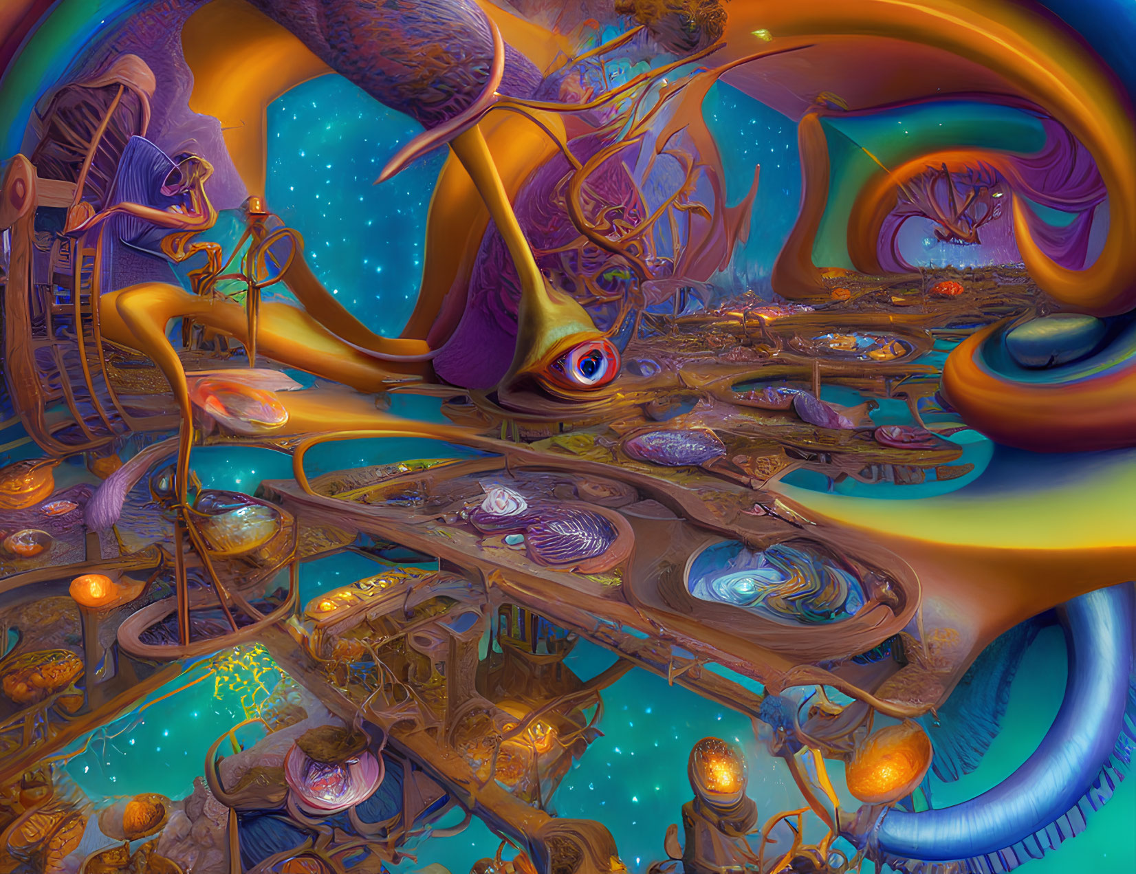 Colorful fantasy landscape with swirling orange and blue hues and luminous orbs.