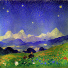 Starry Night Sky Painting with Landscape and Mountains