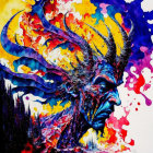 Intense gaze figure painting with fiery colors on dark backdrop