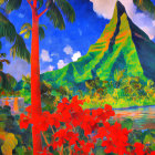 Colorful Tropical Landscape with Green Mountains and Palm Trees
