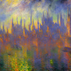 Vibrant impressionist cityscape with figures and skyscrapers