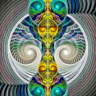 Symmetrical digital artwork with mechanical and organic elements