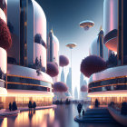 Futuristic cityscape with towering buildings, glowing lights, red trees, flying vehicles